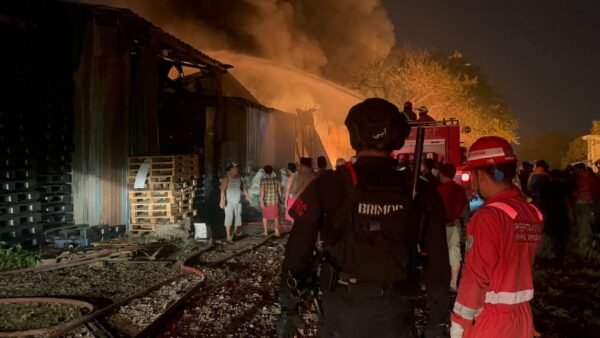 Brimob Polda Metro Jaya Bantu Penanganan Kebakaran Gudang Palet Saat Patroli Dini Hari di Bekasi